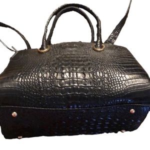 Large black Doctors bag Faux alligator embossed removable long crossbody strap